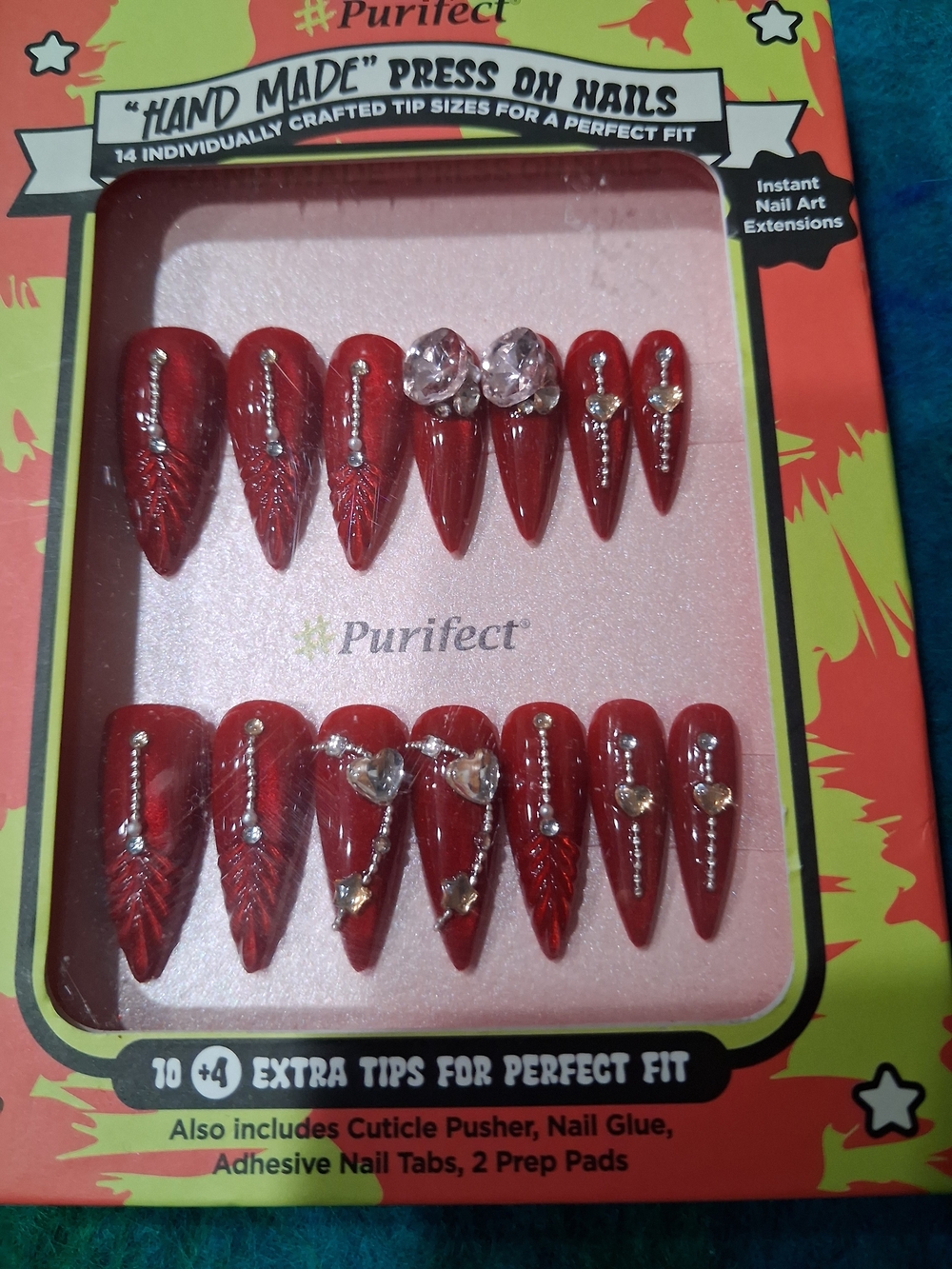 Red Stiletto Press-On Nails with Gem Accents